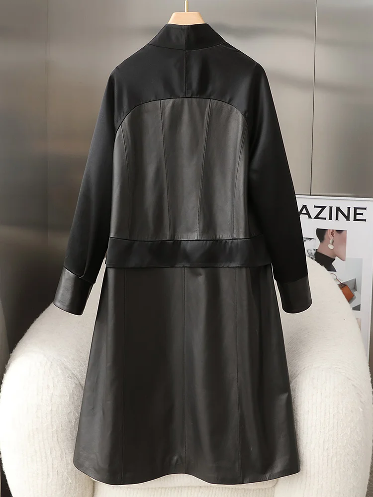 2023 Spring and Autumn Haining Genuine Leather Clothing Women's Mid length Loose V-neck Sheepskin Fashion Splice Coat