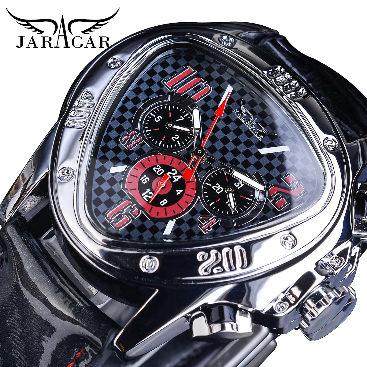 Fashion Men's Jaragr Automatic Mechanical Watch Triangle Design Multi-function Chronograph 3 Subdials & Six Hands Stylish Casua