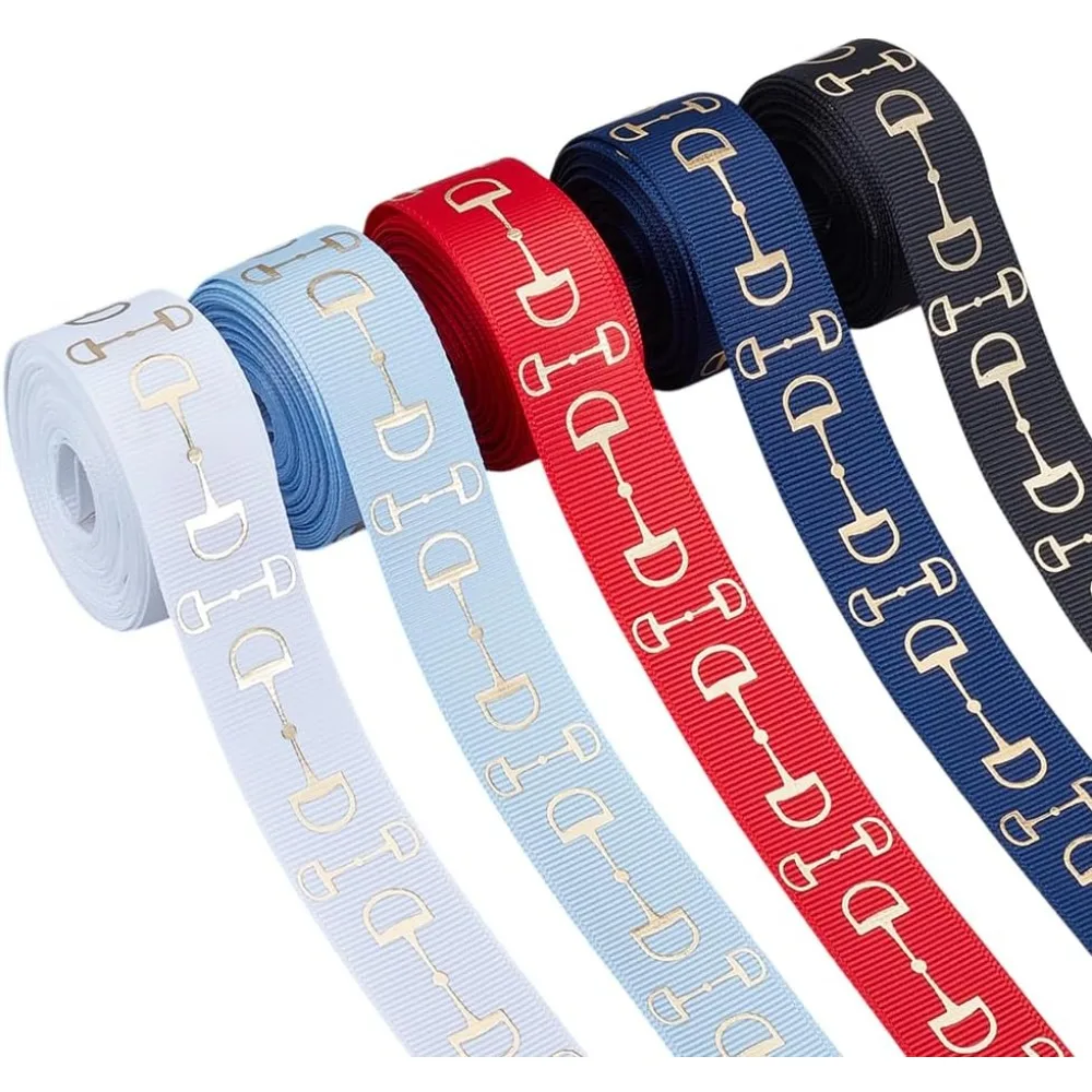 5 Rolls 5 Colors Gold Stamping Horse Snaffle Bit Polyester Grosgrain Ribbon Clothes Accessories Mixed Color 7/8 inch(22mm)
