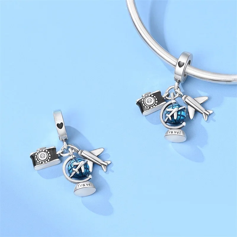 

Original 925 Sterling Silver Travel Three Piece Charms Beads For Women Girls Fine Birthday Anniversary Jewelry Gifts