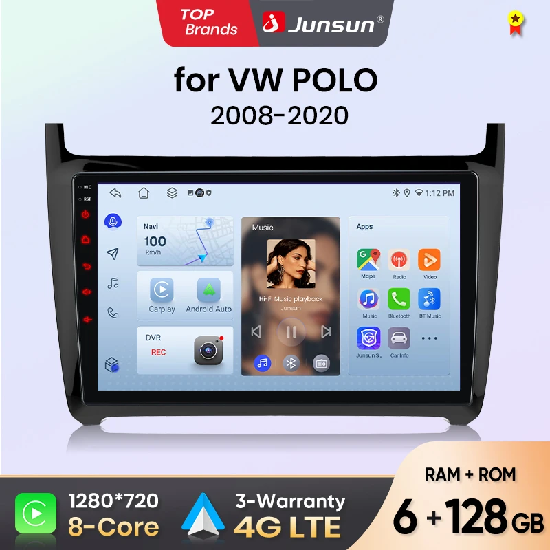 Radio para Auto Junsun para VW POLO 5 Sedán 2008-2020, CarPlay, Android Auto, FM, RDS, DSP, BT, GPS, Navegador, SWC, Pantalla Táctil HD IPS, Reproductor Multimedia Plug & Play, Llamadas Manos Libres, Unidad Principal con Estilo Original 1