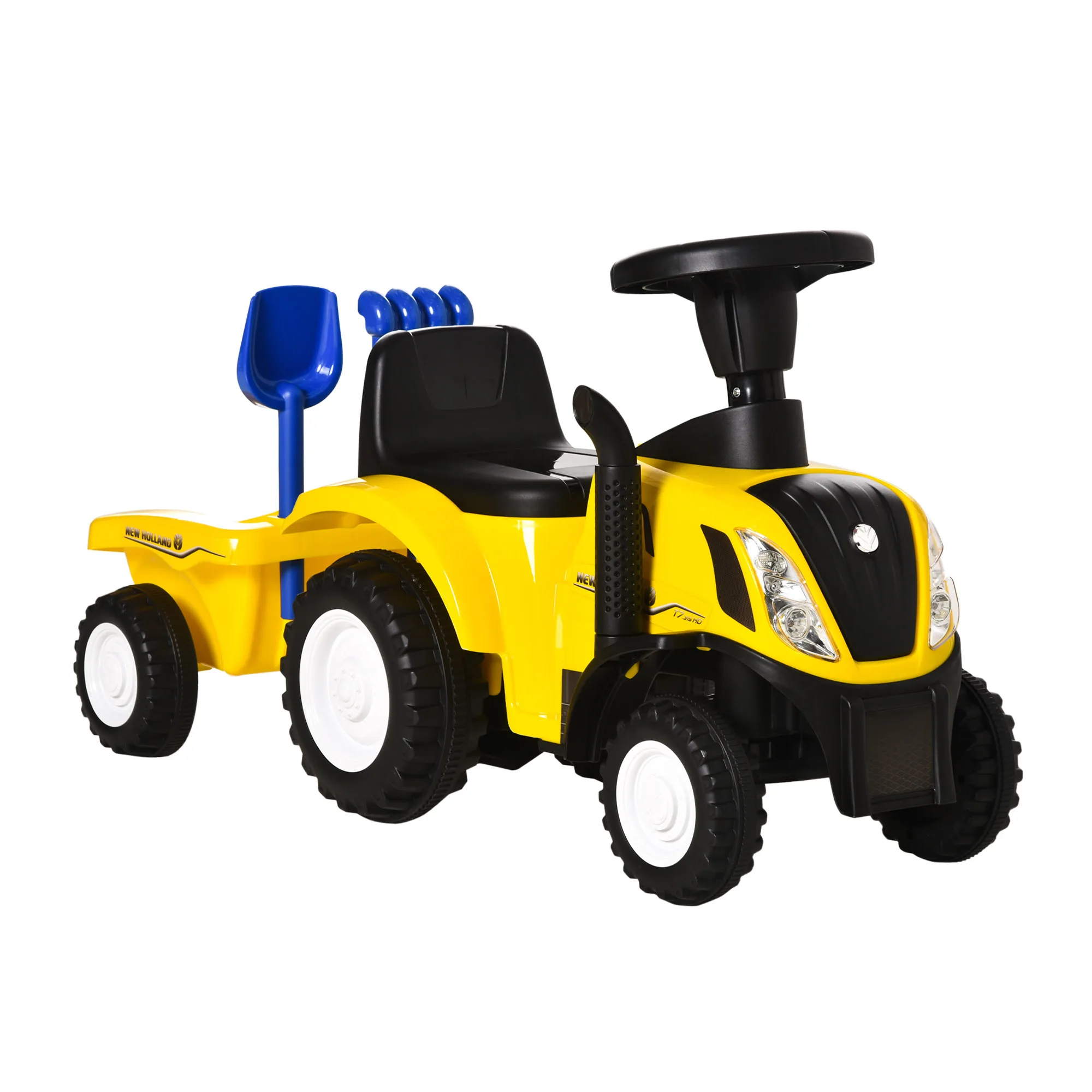 HOMCOM Tractor para Niños de 12-36 Meses con Remolque Extraíble Coche Correpasillos con Bocina Faros Pala Asiento de Suelo 25 cm
