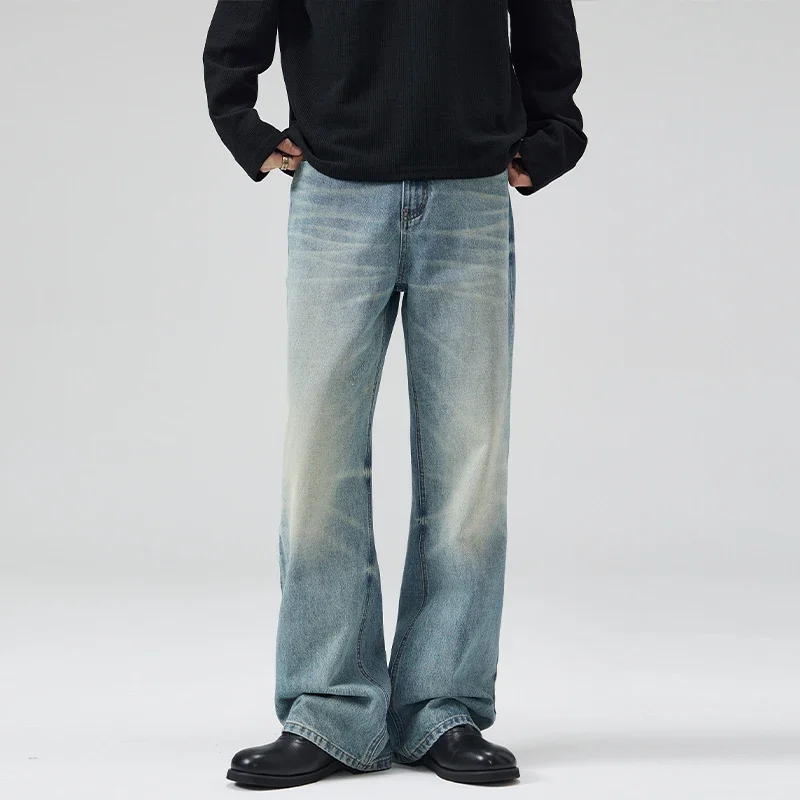 メンズ秋ヴィンテージジーンズファッションストレートだぶだぶの人格ワイドパンツストリート若者男性韓国デニムズボン