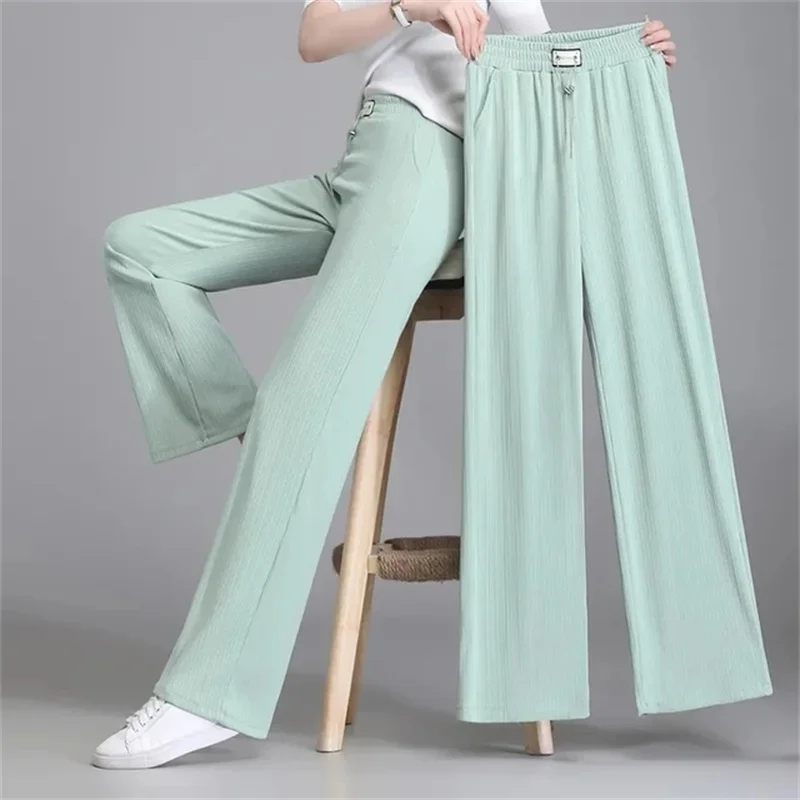 

Summer Women High Waisted Ice Shreds Straight Leg Pant Female Leisure Sagging Sensation Trousers Ladies Loose Wide Legs Pantalon