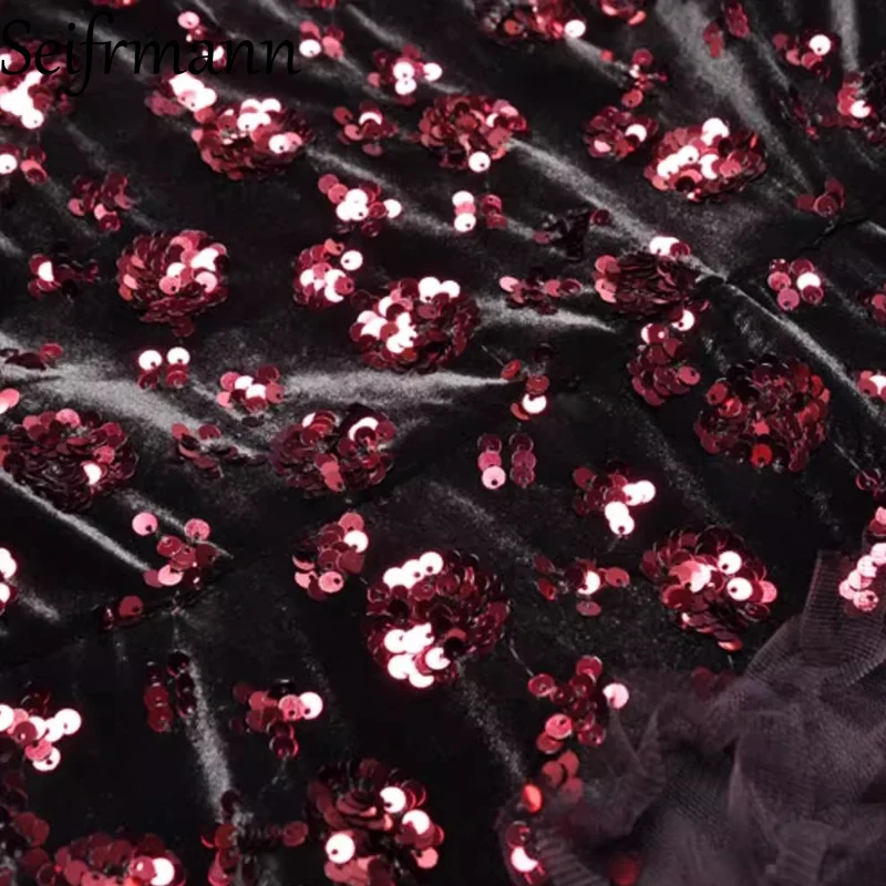 Seifrmann 2026 printemps femmes nouvelle mode col rond à manches longues mousseux velours épissage maille taille cintrée robe