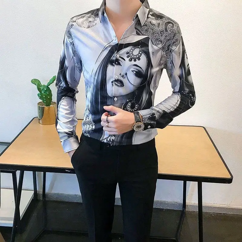 KPOP Fashion Style Harajuku Slim Fit Tops Loose Casual All Match Shirts Korean Blouses Printed Pointed Collar Long Sleeve Blusa