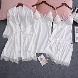 Ropa de dormir blanca para novia y dama de honor, bata Sexy de encaje, lencería íntima, Kimono, bata de baño, M-XXL