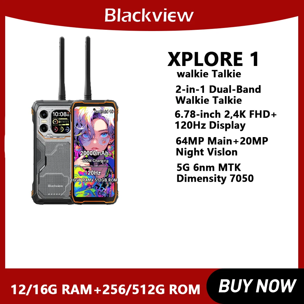Blackview XPLORE 1 Walkie Talk Rugged Phone 6.78'' Display 12/16GB+256/512 GB MTK Dimensity 7050 Android 15 64MP Camera Mobile