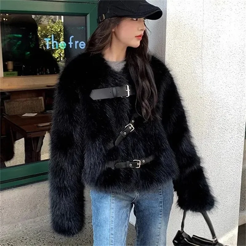 Fashion Fur Coat Women Short Jacket Faux Fox Fur Jackets Streetwear Ladies O-neck Fur Tops Autumn Winter Black Grey Fur Coats