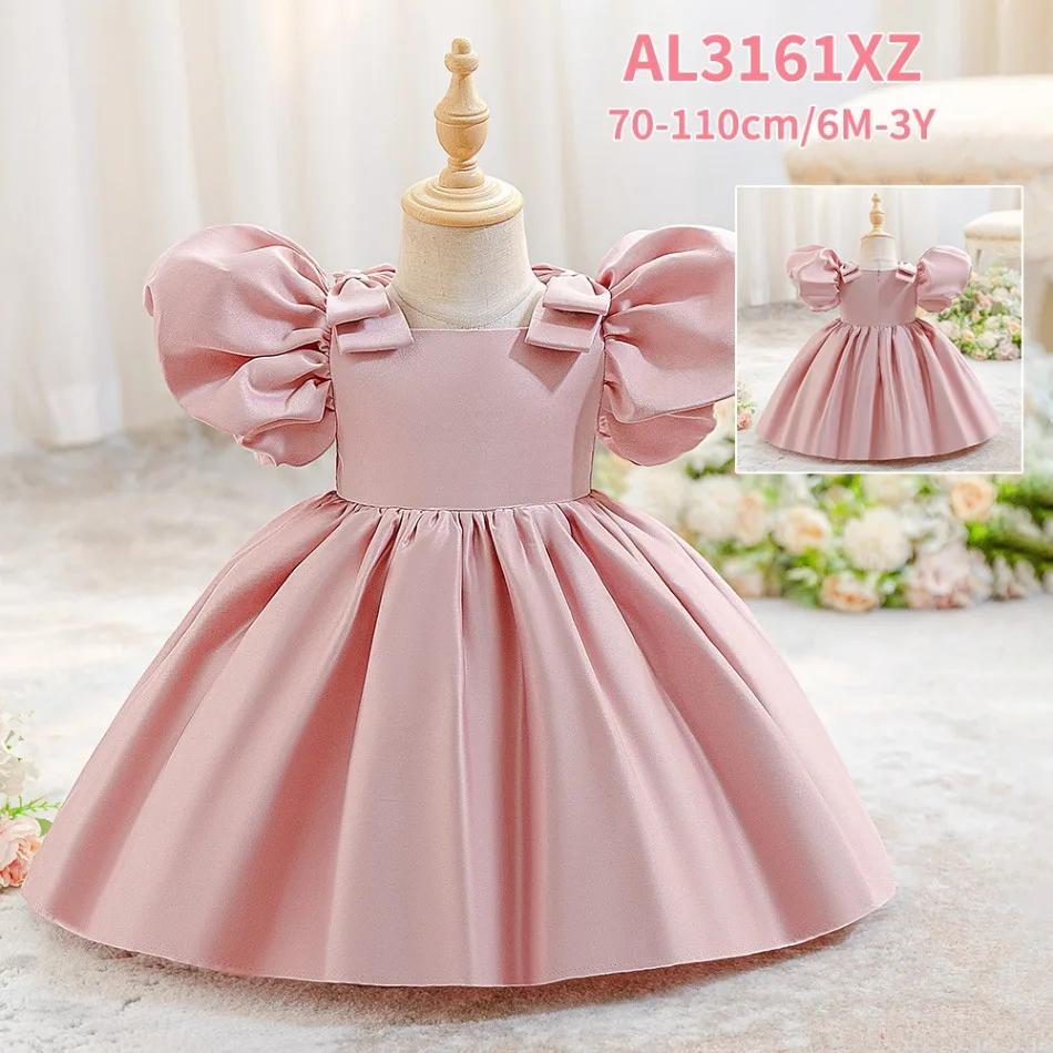 Girls Pink Satin Ball Gown with Puff Sleeves and Bows Formal Dress for Birthday Party Special Occasion and Holiday Parties ASQ03 view 4