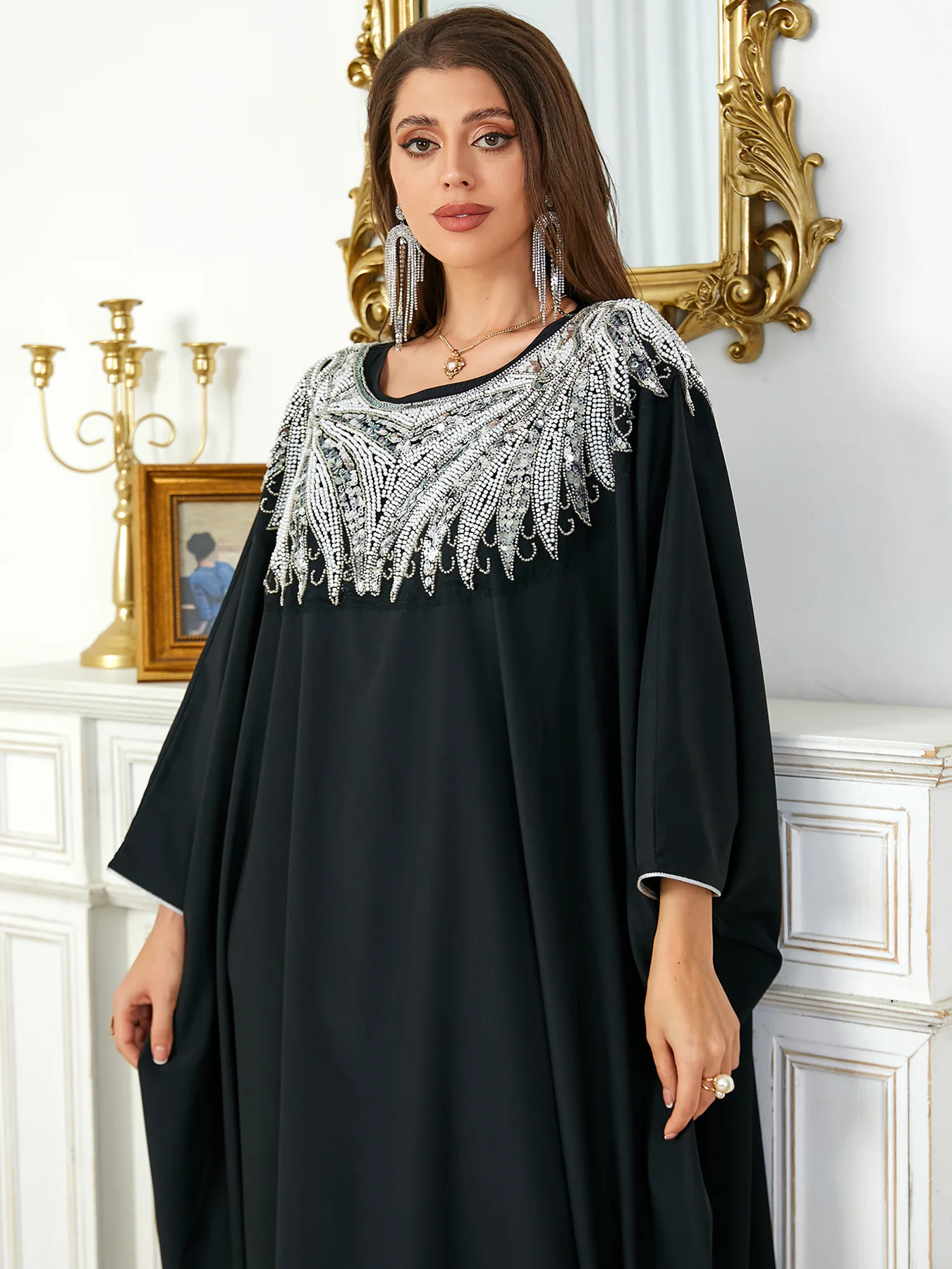 

Muslim Sequins Diamonds Casual Abaya Batwing Sleeve Dress Moroccan Dubai Abaya Women Robe Caftan Femme Jalabiya Djellaba Kaftan