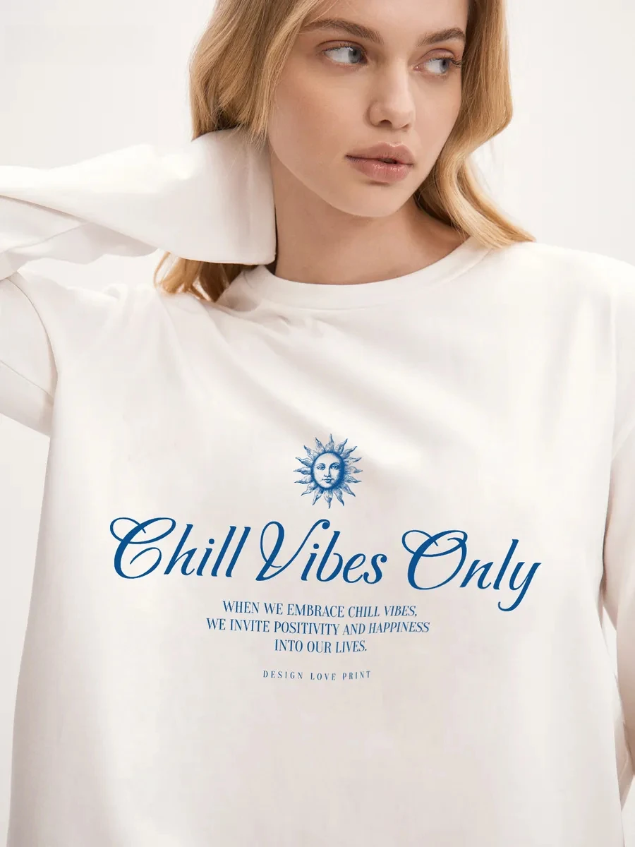 Women's 100% Cotton Long Sleeve T Shirt Spring Autumn Blue Sun Pattern Chill Vibes Only Letter Front Print Loose Fit Casual Top