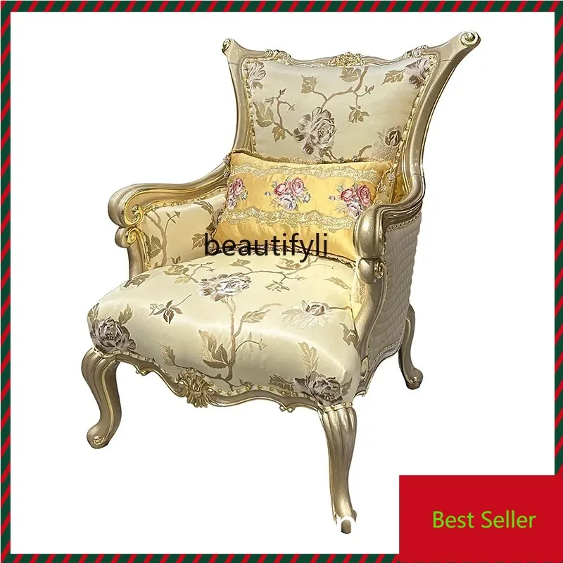 

QQ132 French solid wood carving flower leisure chair European luxury fabric sofa chair balcony chair furniture