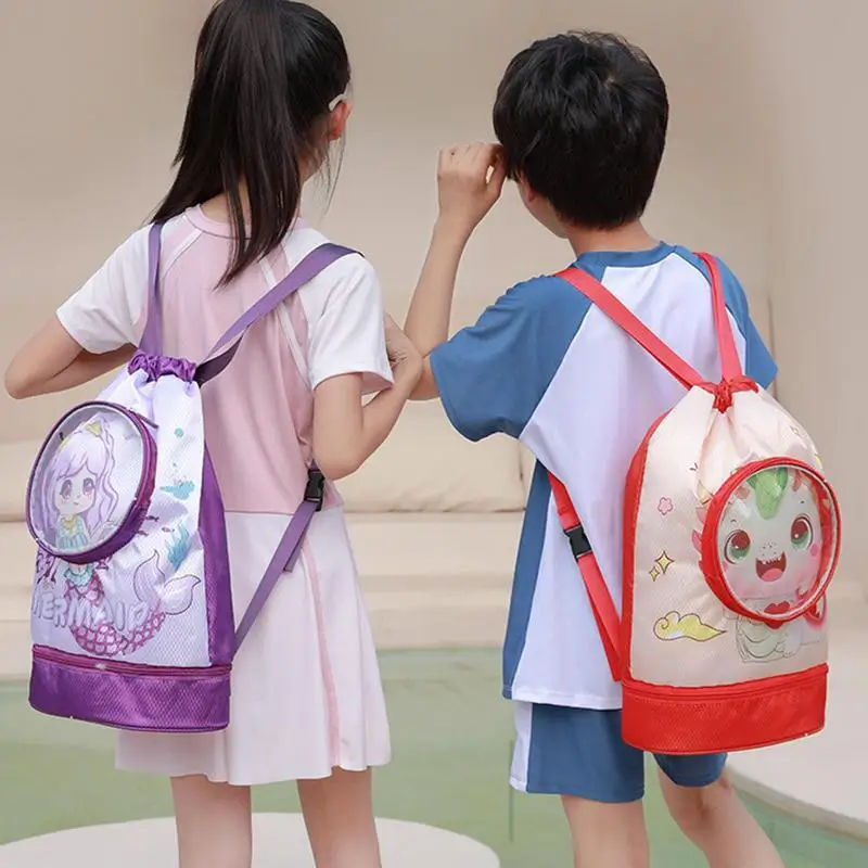 Sac à dos de sport léger pour enfants, sac de piscine mignon, support et séparation sèche, sac de rangement de dessin animé mignon, sac Cinch étanche pour garçons