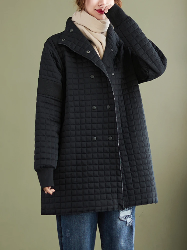 

Клетчатое пальто большого размера, толстая водолазка с хлопковой подкладкой, женские зимние повседневные свободные женские винтажные пальто, корейский теплый хлопок