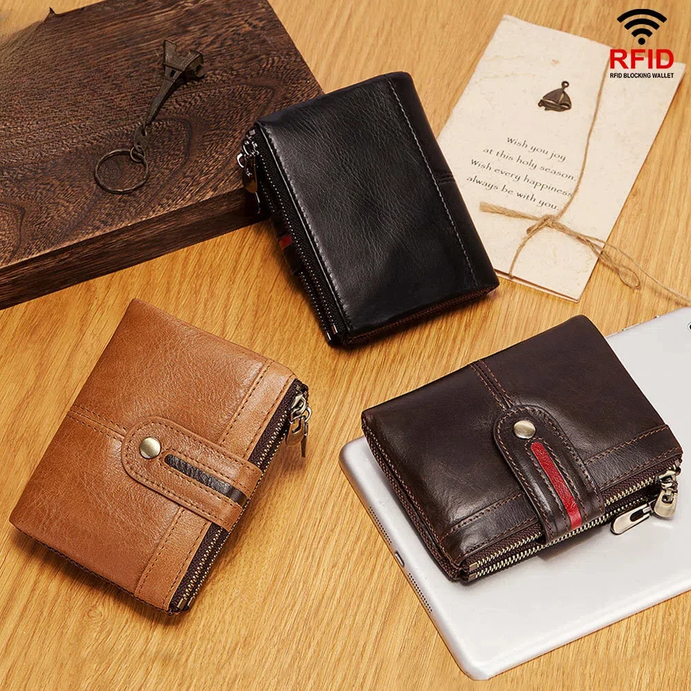 Carteras para hombre RFID, Cartera de piel de vaca auténtica, Mini monedero para hombre, tarjetero inteligente Original, monederos pequeños