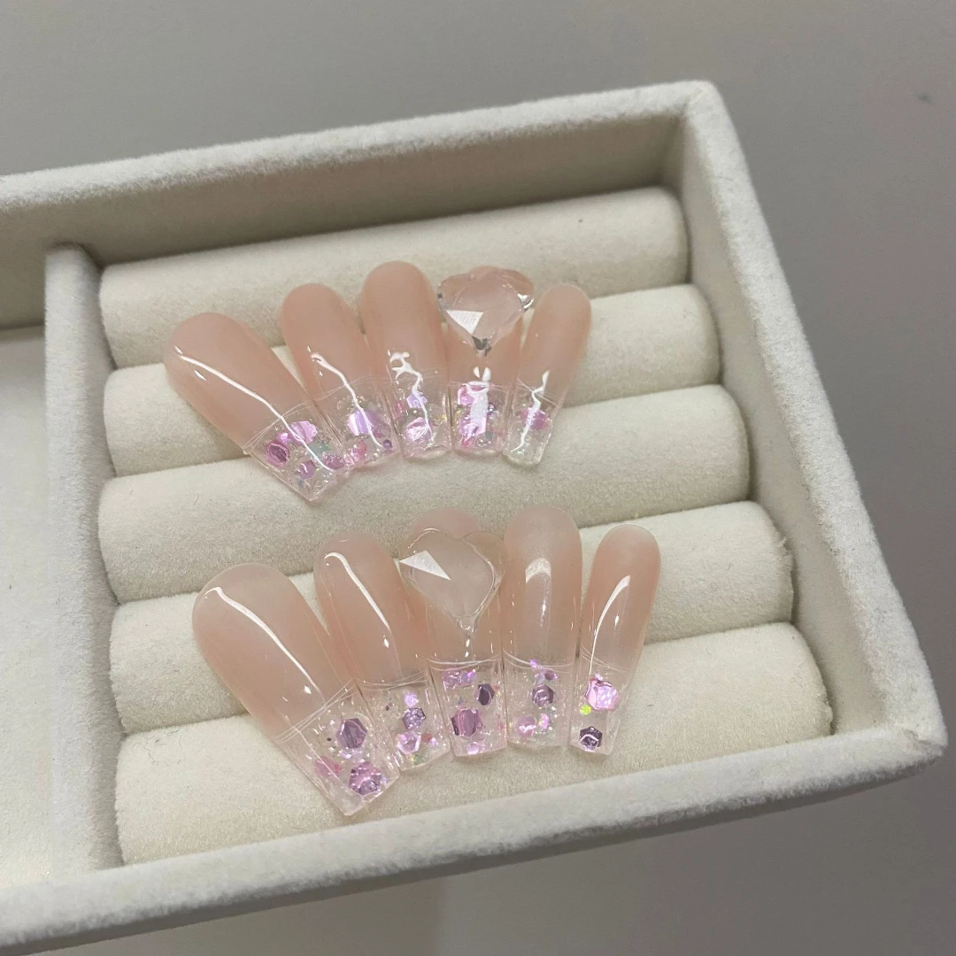 Uñas postizas de estilo francés, diamantes de imitación de Color T cortos hechos a mano, arte brillante reutilizable, suministro profesional