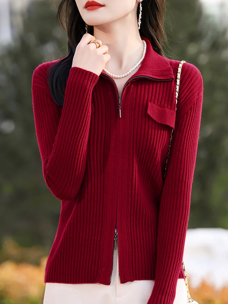 

Spring And Autumn New Fashion Sweater Women's Double Zipper Lapel Outside Short Knitted Wool Cardigan ZHE AO 601