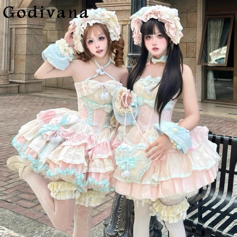 

Original Sweet Princess Lolita Dresses 2025 New Girls Women's Cross Halter Strapless High Waist Short Party Birthday Dresses