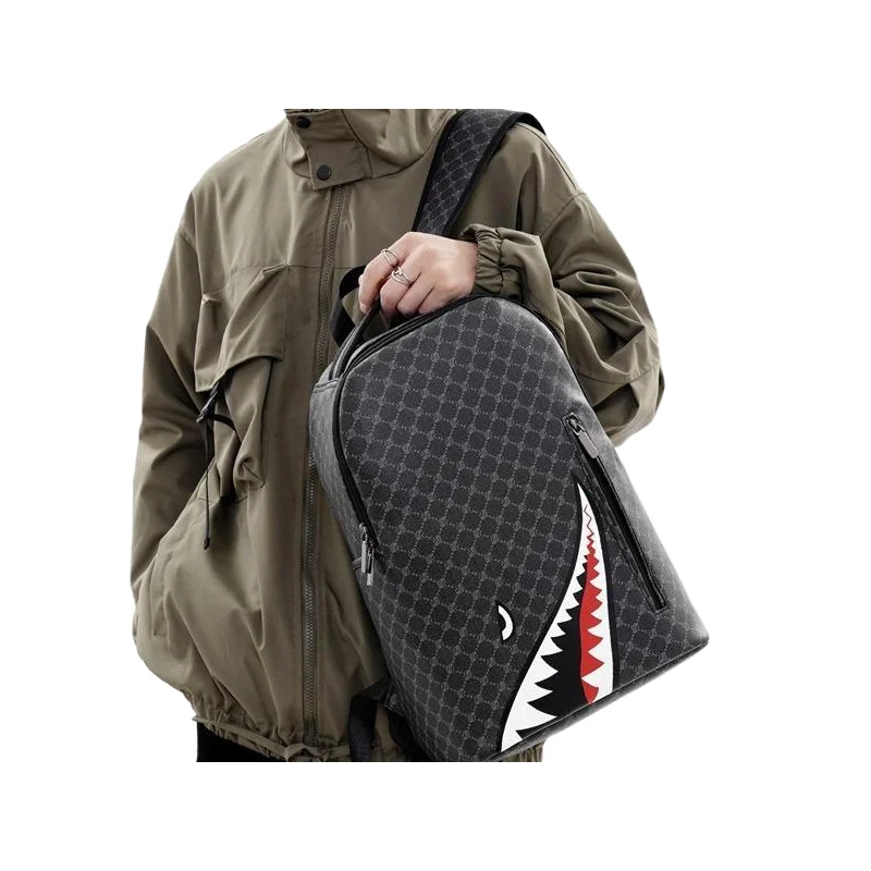 Simple personality fashion shark mouth men\'s backpack plaid high school student college student school bag computer backpack