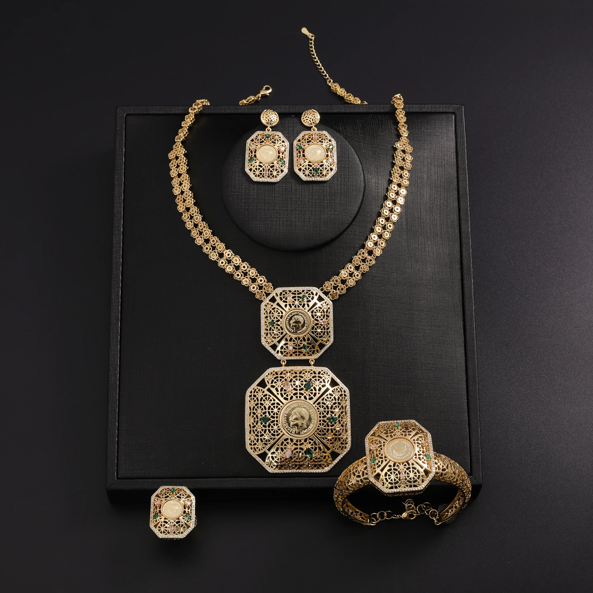 

Women's Jewelry Set Dubai Nigerian Kuwaiti Bridal 24k Gold Plated Spinel Zirconia Human Head Ancient Coin Earrings Necklace Rin