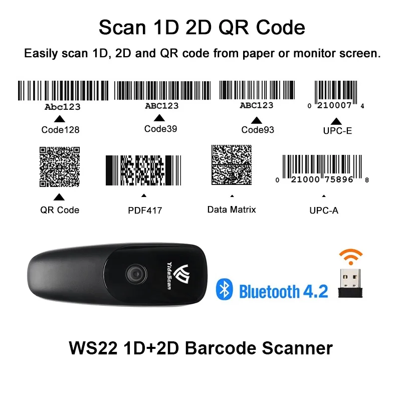 YidaScan WS22 Barcode Scanner Mini Portable 1D 2D Wireless Bar Code Reader USB Bluetooth QR Code Reader for IOS Android iPhone