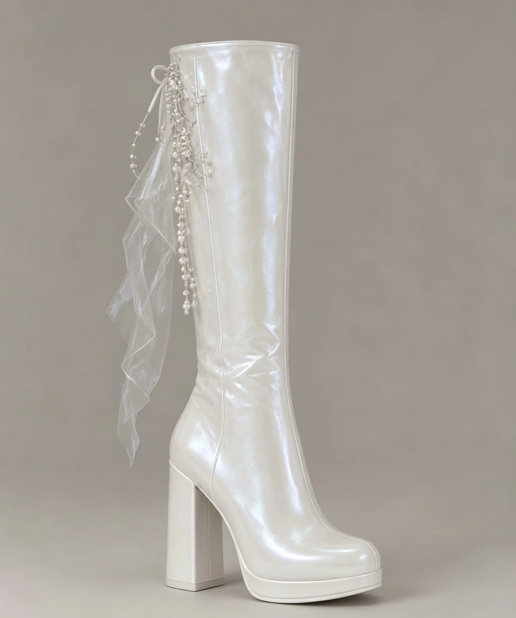 New Autumn/Winter Women's White Shiny Knee-High Boots Pearl Tassel Chunky Platform Heels Round Toe Side Zip Fashion Dress Boots