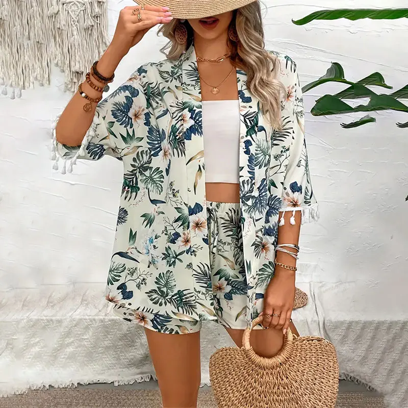 Two Piece Set For Women Outfits Open-front Cardigan Smock Flower Printed Beach Shorts Summer Suits Female Clothing Beachwear