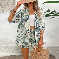 Conjunto de peças para mulheres, roupas, cardigã aberto, shorts de praia estampados em flores, roupas femininas, roupas de verão