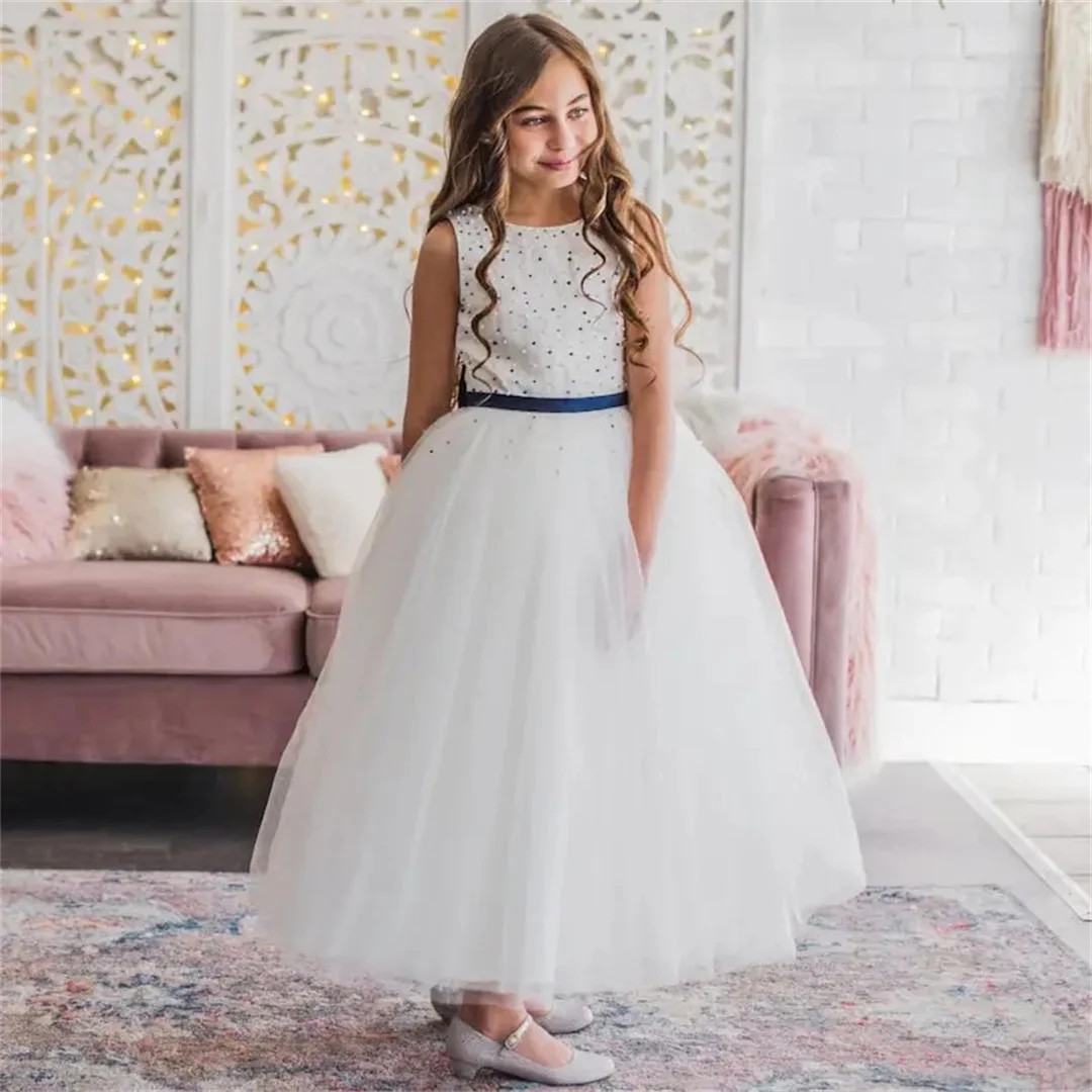 

White Navy Flower Girl Dress Birthday Navy Blue Beads Tulle Dresses Ankle Length for Weddings Princess Gowns for Toddler Gown