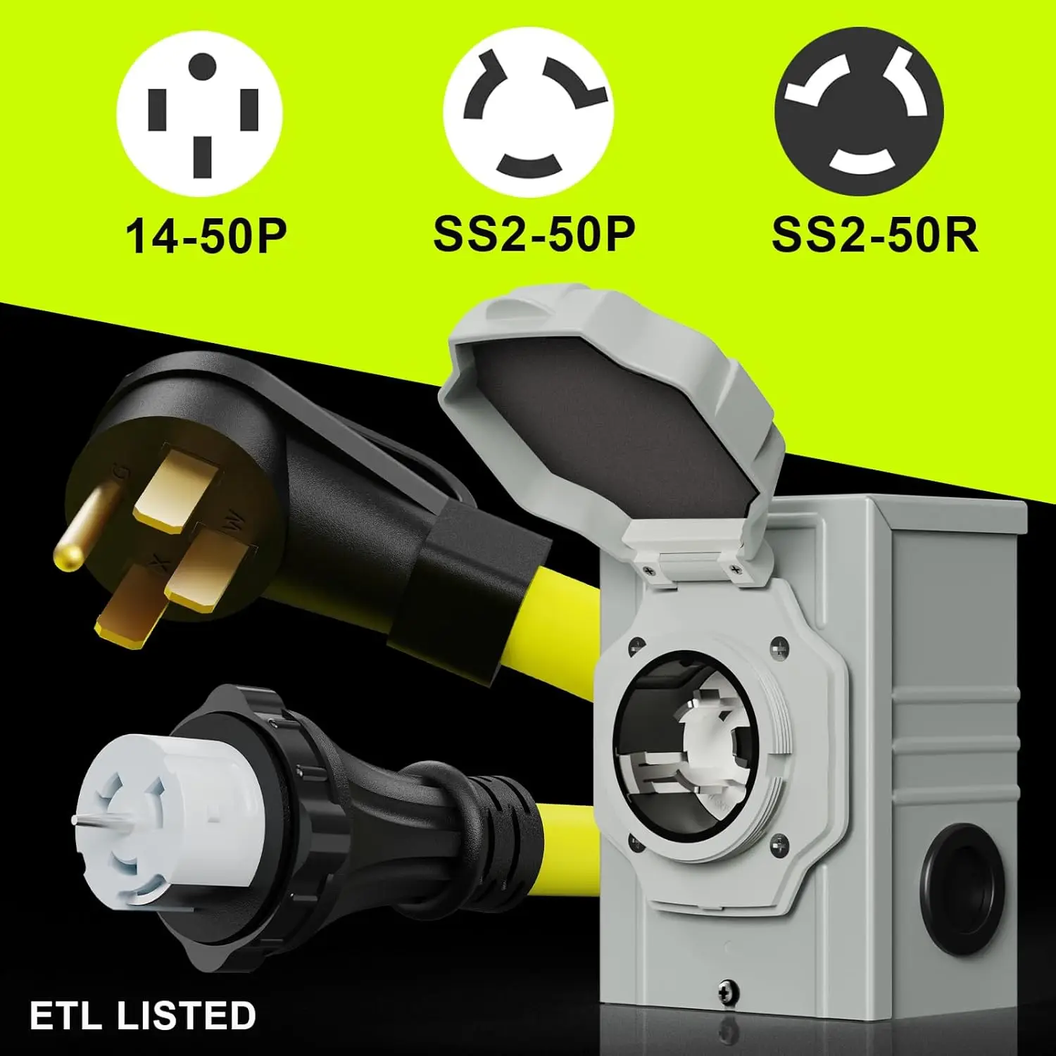 50 Amp Generator Cord 25FT and Power Inlet Box, NEMA 14-50P Male to SS2-50R 125/250V Twist Lock Connector EV Parts