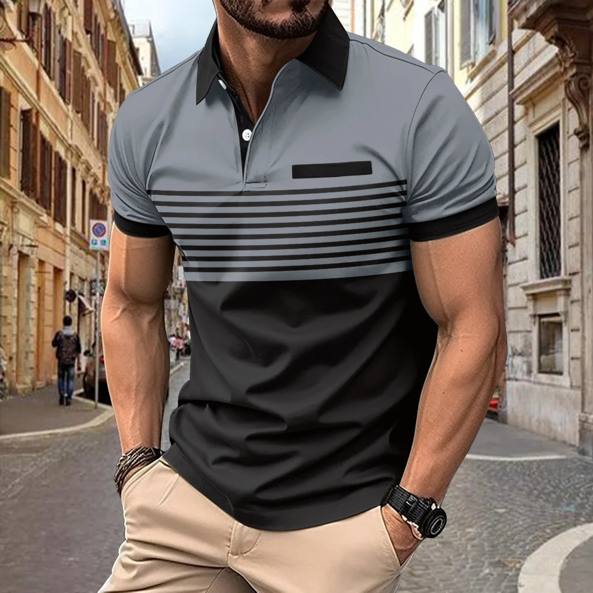 Men's Casual Striped Versatile T-shirt Color Block Loose Fit Cotton Blend Short Sleeve V-neck Single Wear Summer  Shirt