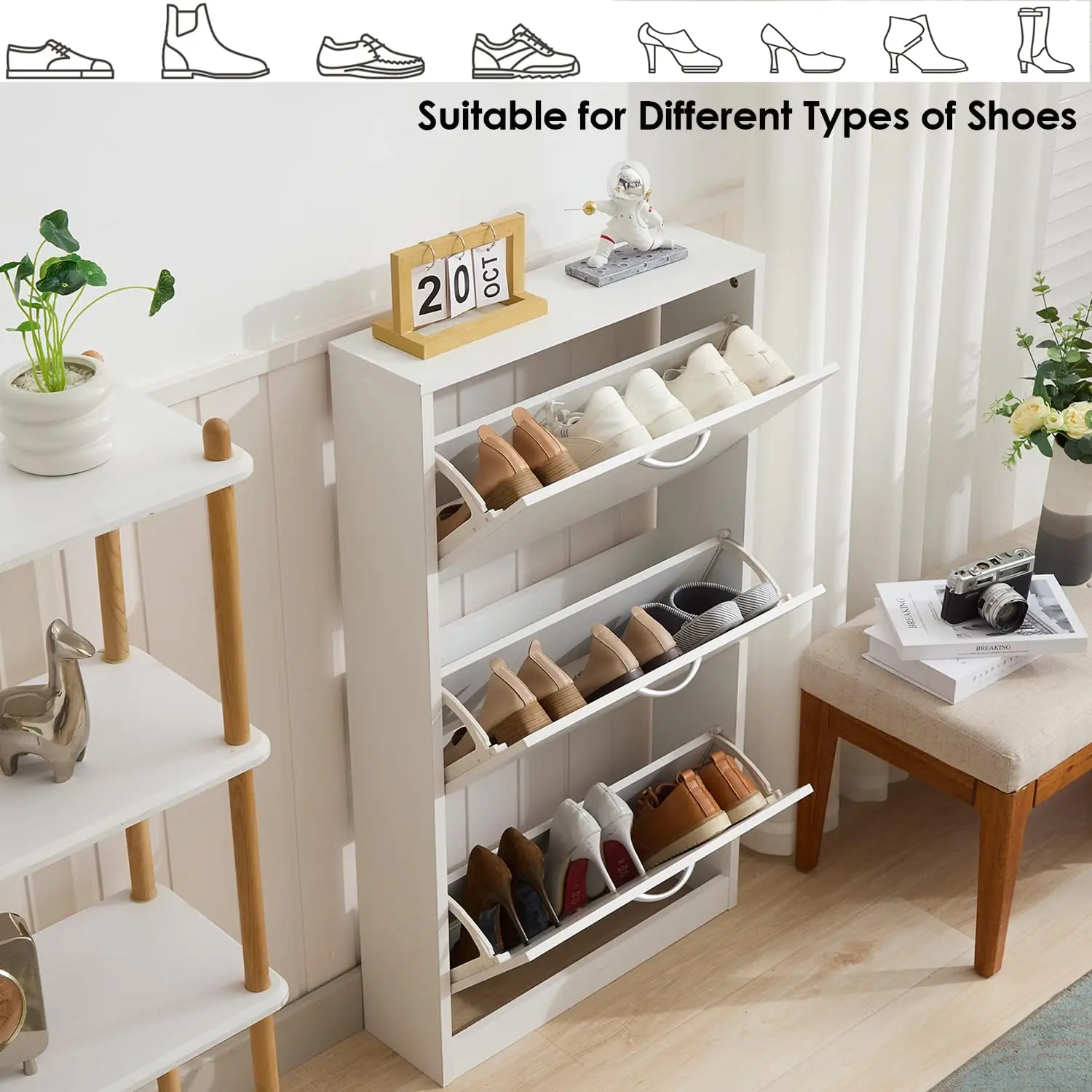 

Shoe Cabinet for Entryway, White Narrow Shoe Storage Cabinet Flip Down Shoe Rack Wood 3 Tier Organizer for Home and Apartme