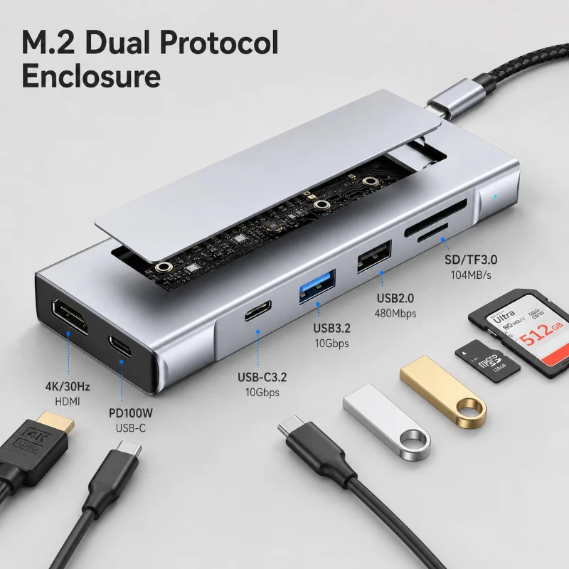 M.2 Ssd Enclosure Type-C Hub Usb 3.2 10gbps Multi-Port Docking Station Plug And Play Portable Storage Adapter For Laptop Desktop