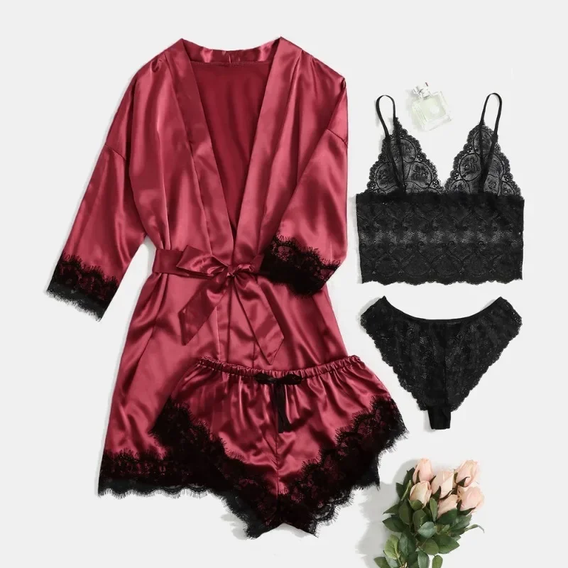 Black Sexy Women\'s Pajamas Satin 4-piece Lace Silk Suspender Tops Shorts Robe Pajamas Set Nightgown Underwear Nightdress Suit