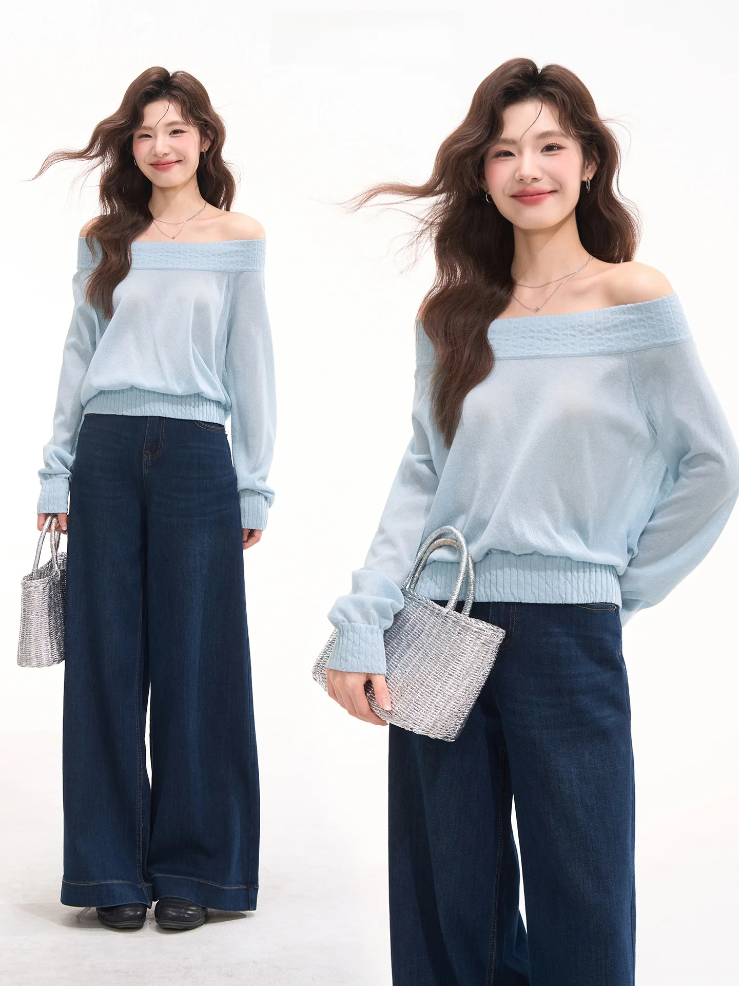 

Вязаная рубашка в корейском стиле с длинным рукавом и одним открытым плечом, летний женский топ свободного кроя от Heme Flower Field