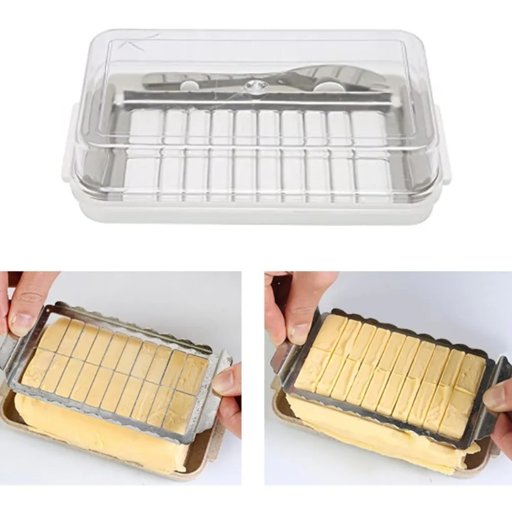 1pc Butter Storage Box 2-in-1 Butter Dish with Clear Lid and Cutter Butter Slicer Cutter Box Airtight Rectangular Butter Storage