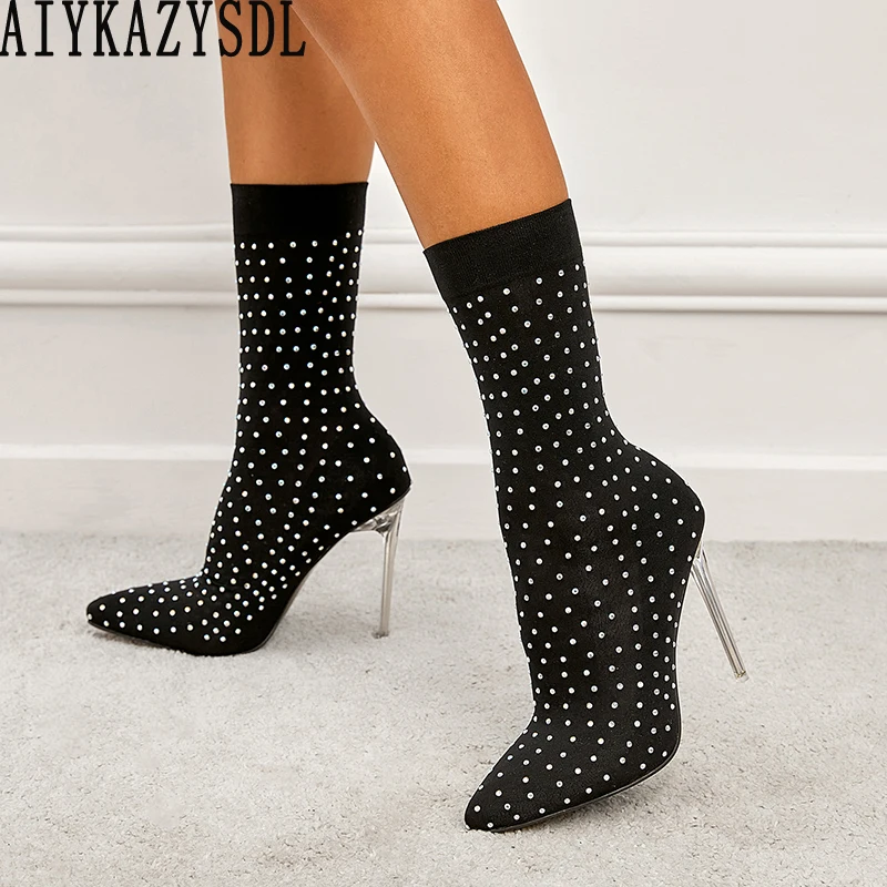 

AIYKAZYSDL Women Fashion Pointed Toe Ankle Boots Thin High Heel Crystale Rhinestone Shoes Solid Spring Autumn Party Plus Size 42