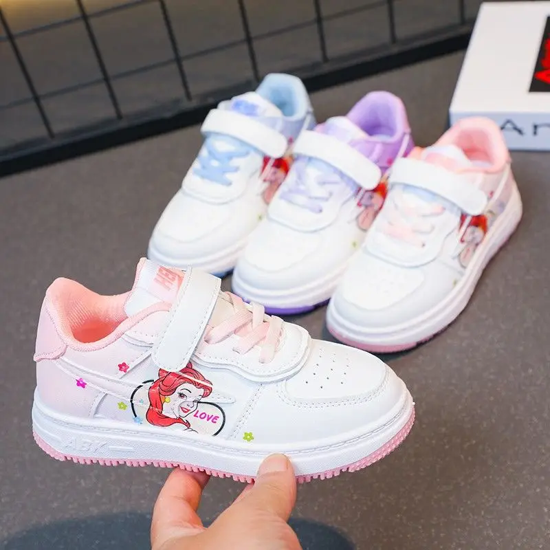 Disney White Casual Shoes Ariel Girl Children Princess Low Top Student Cartoon PU Leather Shoes Sneakers Size 26-37