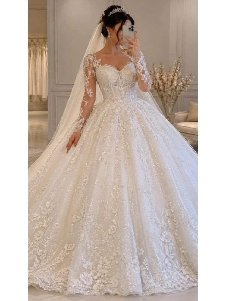 Custom Vestido De Novia Sweetheart Lace Ball Gown Wedding Dress Long Sleeve All Over Sparkle Tulle Cathedral Train Bridal Gown