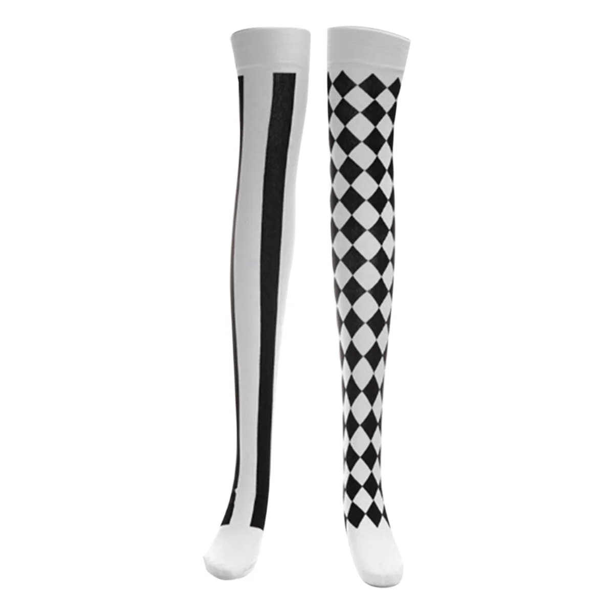 Women Clown Asymmetrical Vertical Striped over Knee Long Sock Thigh Highs Stockings for Halloween Cosplay