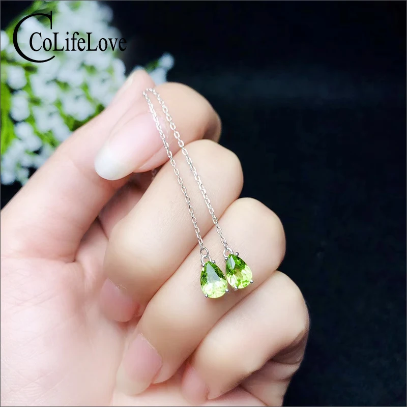 

Classic Silver Long Drop Earrings for Party Natural Peridot Earring 925 Silver Peridot jewelry