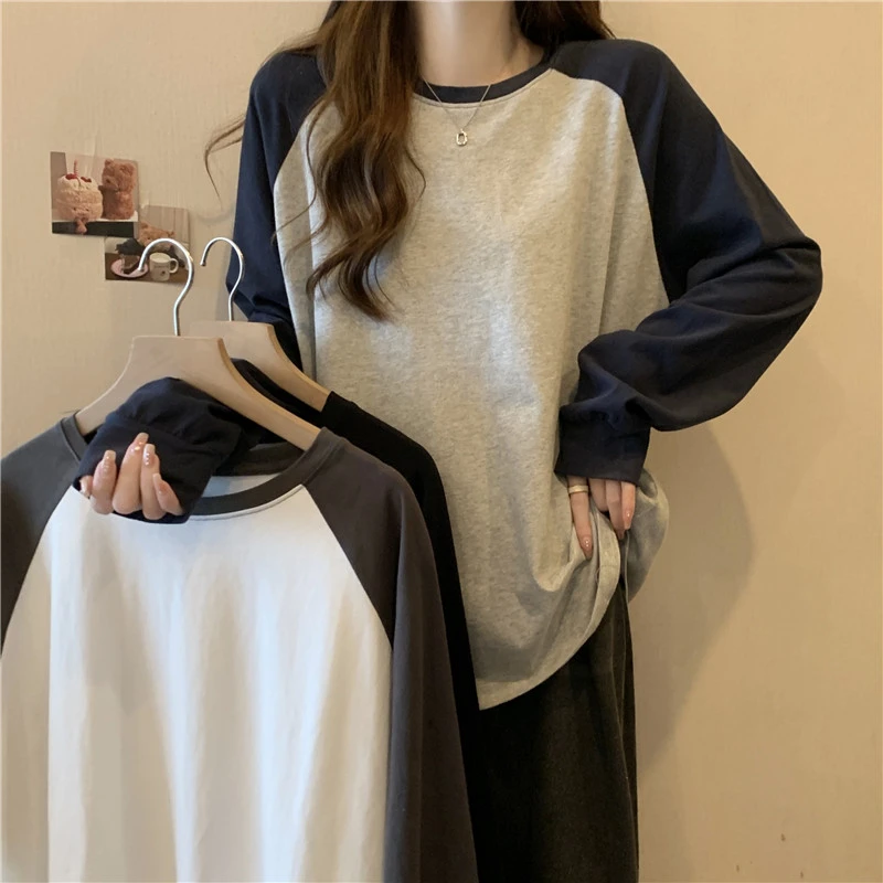 

Модная хлопковая футболка Cec Color Blo Long Sve, женская свободная утягивающая корейская универсальная футболка с воротниками