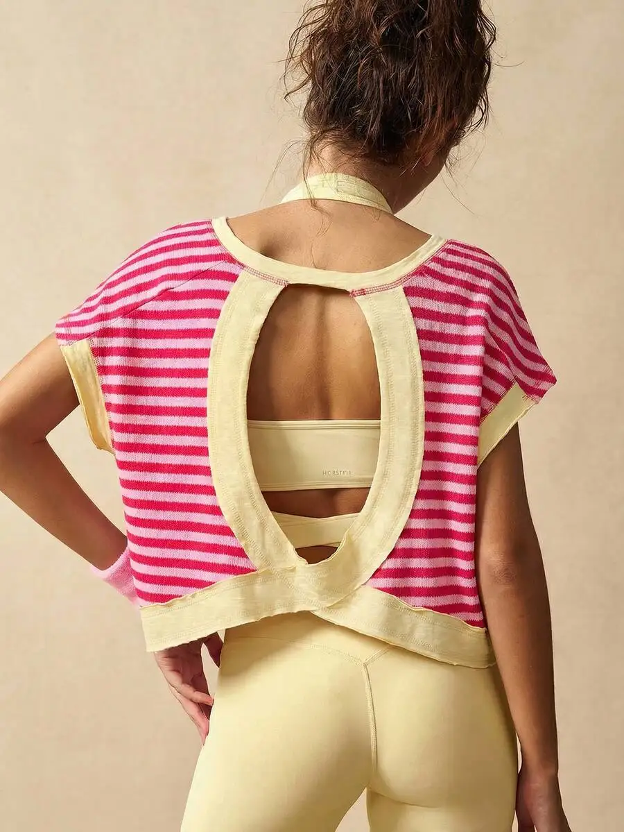 Camiseta Deportiva Corta a Rayas para Mujer con Diseño de Espalda Descubierta, Camiseta Deportiva de Verano