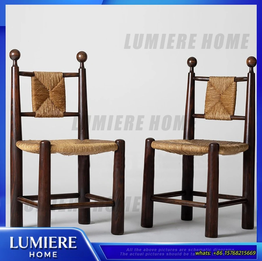 Vintage Rattan Dining Chair Solid Wood French Style Retro Cafe Chair for Living Room Study Hotel Use Comfortable Mid Century