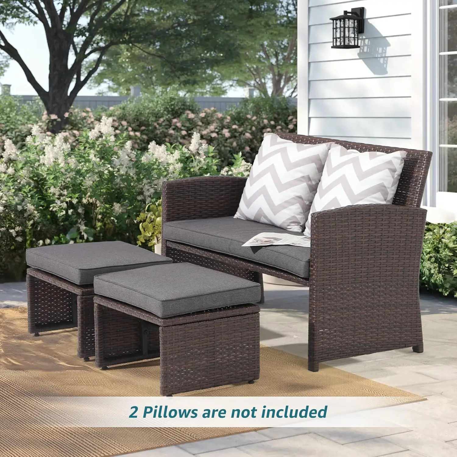 3 Piece Outdoor Patio Furniture Set for All-Weather Use, Wicker Loveseat with Ottoman/Side Table, Brown Rattan, Dark Grey