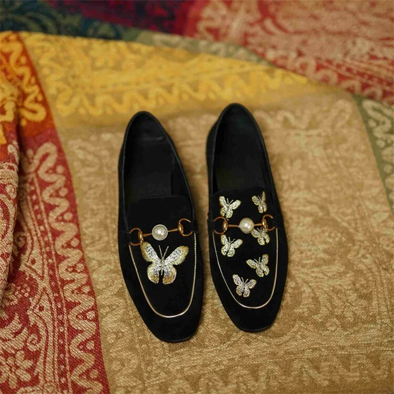 

Black Loafers Shoes Fashion Embroider Zapatos Mujer Butterfly Pearl Flat Sapato Feminino Spring Autumn New Slip On INS Hot Sale