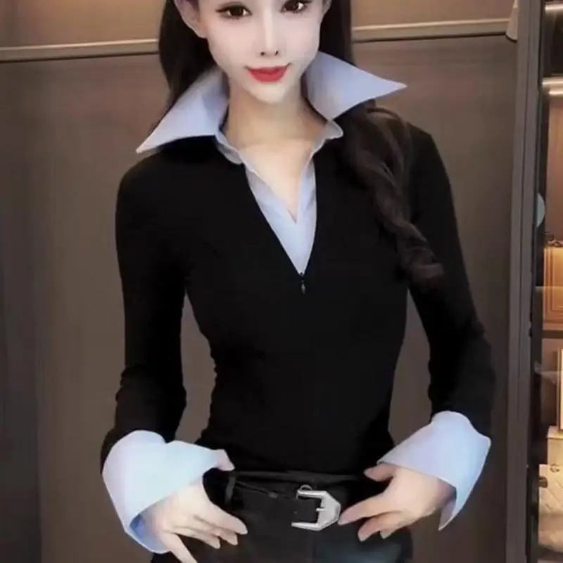Autumn New Women Euro Korean Color Match Fake Two Piece T-Shirt Trendy Atmosphere Design Sense Splicing Shirt Long Sleeve Tops