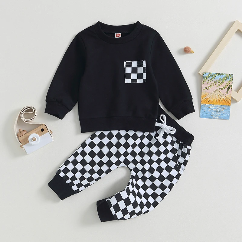 Lioraitiin 0-3Y Toddler Baby Boys Clothes Sets Long Sleeve Sweatshirt Tops and Checkerboard Print Drawstring Pants Tracksuit Set