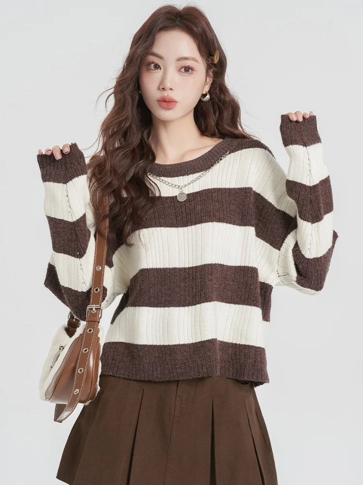 

Женский вязаный свитер, комплект в полоску, теплый, осенне-зимний, модный, винтажный, свободный крой, топ на хлопковой подкладке